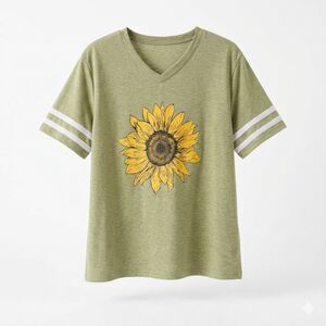 Soft Sage Green Sunflower Graphic Tee Varsity Stripe Sleeves Size 2X